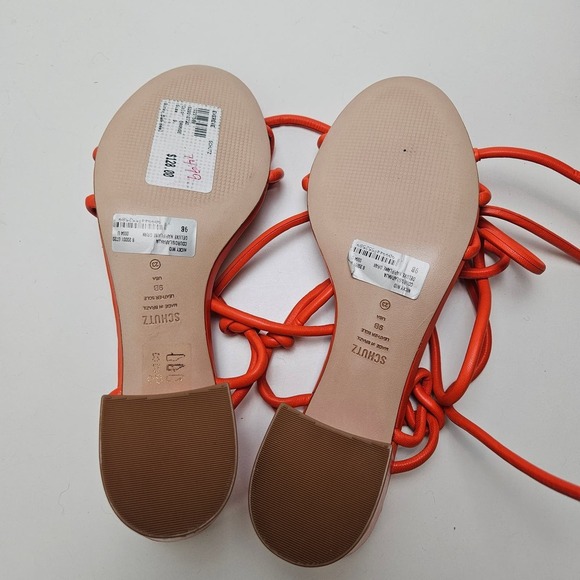 NWOT Schutz Nicky‎ Mid Nappa Sandals 9 Orange Strappy Block Heels Ankle Wrap Tie - Picture 6 of 7